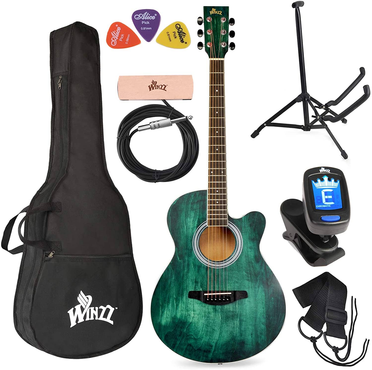 WINZZ 3/4 Dreadnought Acoustic Guitar Bundle with Online Lessons, Bag, Metronome Tuner, Wall-mounted Hanger, Strap, Picks & Cleaning Cloth,36 Inches Right Handed, Dark Hunter Green 35