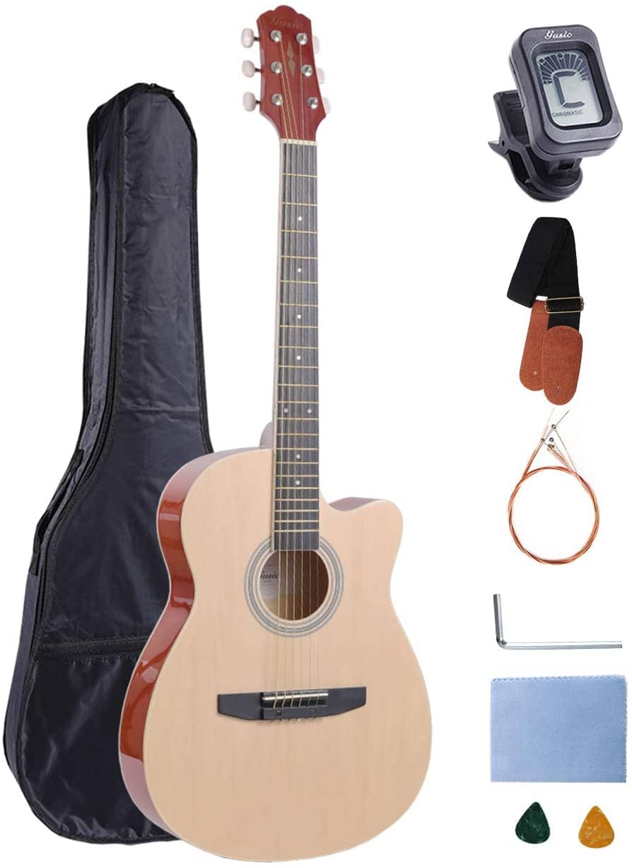 Acoustic Guitar Beginner Kid Guitar 38 Inch Steel Strings Guitar Starter Bundle Cutaway with Gig Bag Clip Tuner Strap 2 Picks and Wipe for Student Child Adult Learn to Play 17