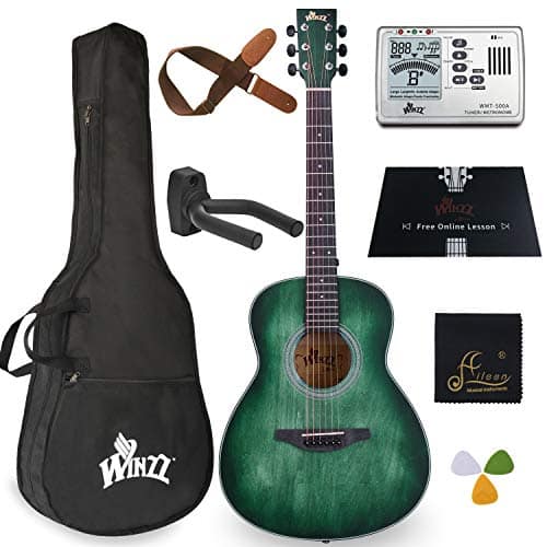 WINZZ 3/4 Dreadnought Acoustic Guitar Bundle with Online Lessons, Bag, Metronome Tuner, Wall-mounted Hanger, Strap, Picks & Cleaning Cloth,36 Inches Right Handed, Dark Hunter Green 1