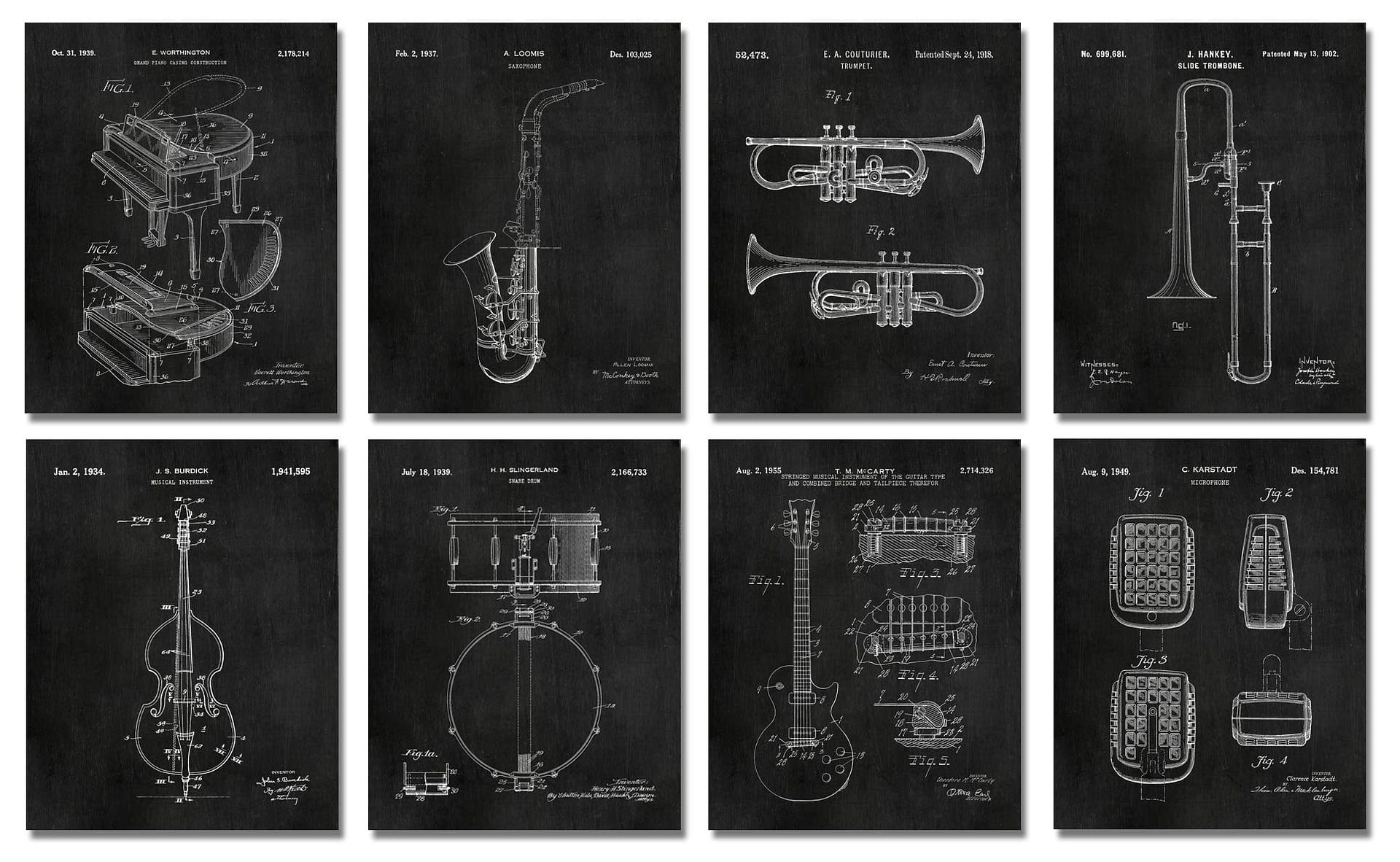Jazz Instruments Patent Wall Art Prints Set of 8(8×10) Gifts for Musicians Music Studio Decoration UNFRAMED 8