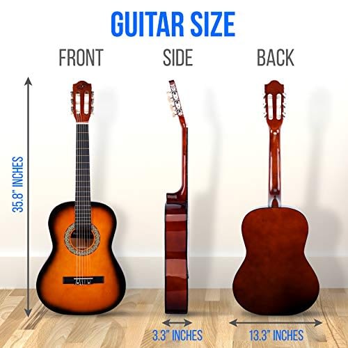 Beginner 36” Classical Acoustic Guitar – 3/4 Junior Size 6 String Linden Wood Guitar w/Gig Bag, Tuner, Nylon Strings, Picks, Strap, for Beginners, Adults – Pyle PGACLS82SUN (Sun Burst) 4