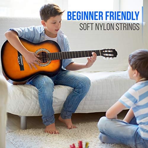 Beginner 36” Classical Acoustic Guitar – 3/4 Junior Size 6 String Linden Wood Guitar w/Gig Bag, Tuner, Nylon Strings, Picks, Strap, for Beginners, Adults – Pyle PGACLS82SUN (Sun Burst) 6