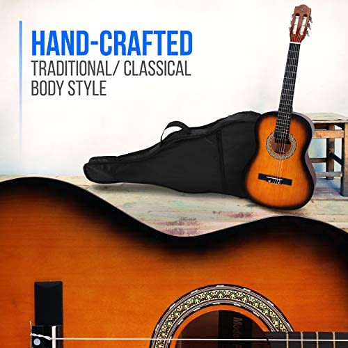 Beginner 36” Classical Acoustic Guitar – 3/4 Junior Size 6 String Linden Wood Guitar w/Gig Bag, Tuner, Nylon Strings, Picks, Strap, for Beginners, Adults – Pyle PGACLS82SUN (Sun Burst) 3