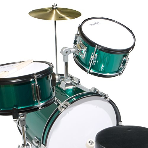 Mendini by Cecilio 16 inch 3-Piece Kids/Junior Drum Set with Adjustable Throne, Cymbal, Pedal & Drumsticks, Metallic Green, MJDS-3-GN 3