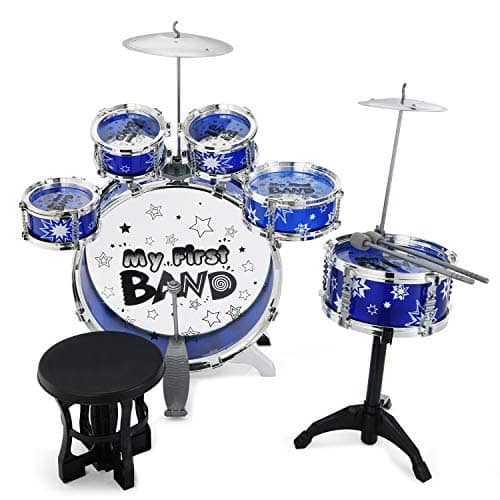 Reditmo Kids Jazz Drum Set, 6 Drums, 2 Cymbals, Chair, Kick Pedal, 2 Drumsticks, Stool, Early Education Musical Instrument to Develop Children’s Creativity, Red – Blue 20