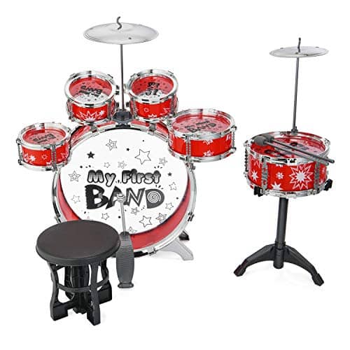 Reditmo Kids Jazz Drum Set, 6 Drums, 2 Cymbals, Chair, Kick Pedal, 2 Drumsticks, Stool, Early Education Musical Instrument to Develop Children’s Creativity, Red – Red 1