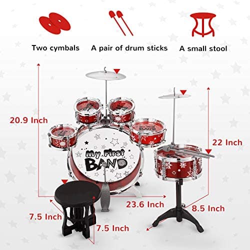 Reditmo Kids Jazz Drum Set, 6 Drums, 2 Cymbals, Chair, Kick Pedal, 2 Drumsticks, Stool, Early Education Musical Instrument to Develop Children’s Creativity, Red 4