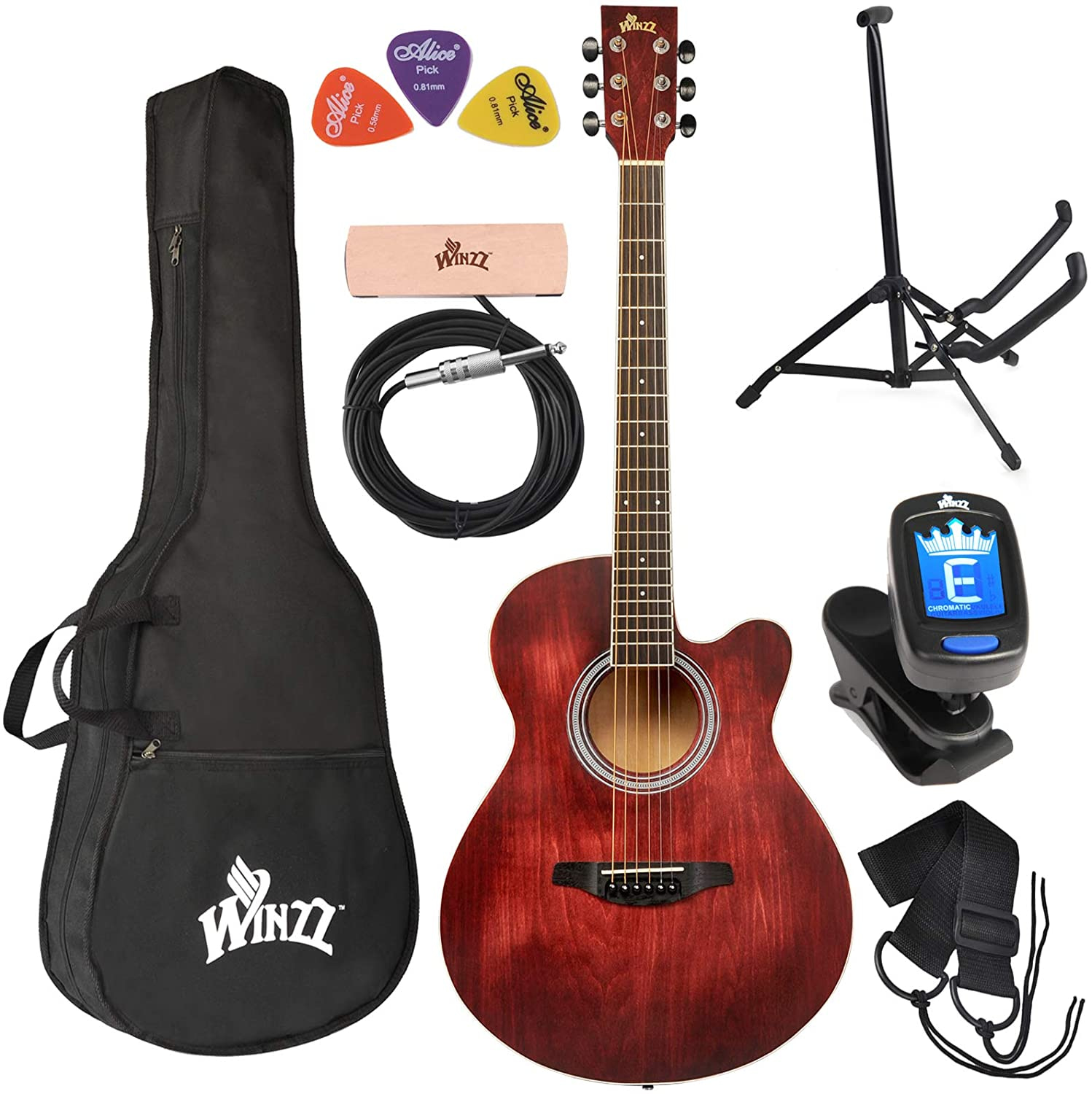 WINZZ 3/4 Dreadnought Acoustic Guitar Bundle with Online Lessons, Bag, Metronome Tuner, Wall-mounted Hanger, Strap, Picks & Cleaning Cloth,36 Inches Right Handed, Dark Hunter Green 26