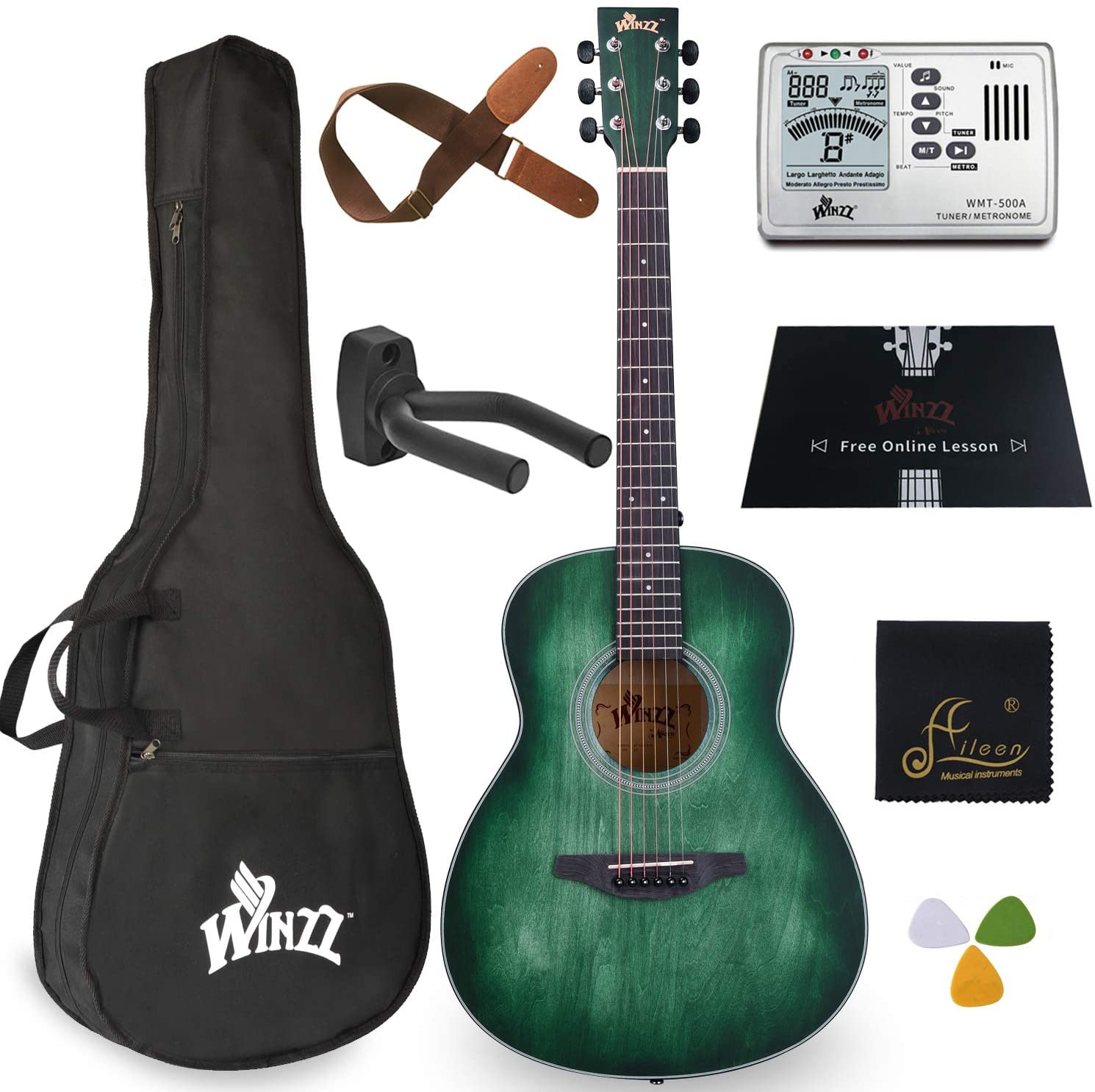 WINZZ 3/4 Dreadnought Acoustic Guitar Bundle with Online Lessons, Bag, Metronome Tuner, Wall-mounted Hanger, Strap, Picks & Cleaning Cloth,36 Inches Right Handed, Dark Hunter Green 9