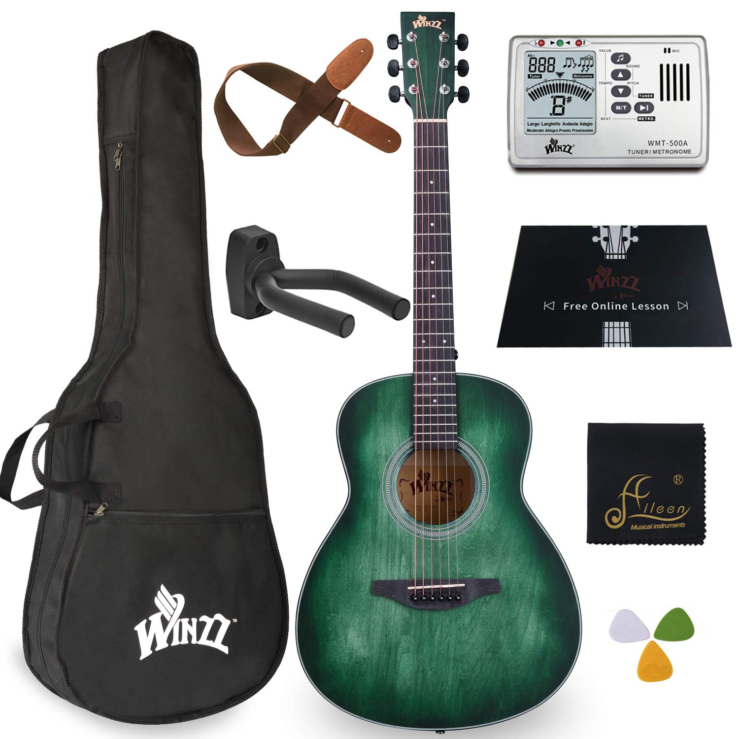 WINZZ 3/4 Dreadnought Acoustic Guitar Bundle with Online Lessons, Bag, Metronome Tuner, Wall-mounted Hanger, Strap, Picks & Cleaning Cloth,36 Inches Right Handed, Dark Hunter Green 8