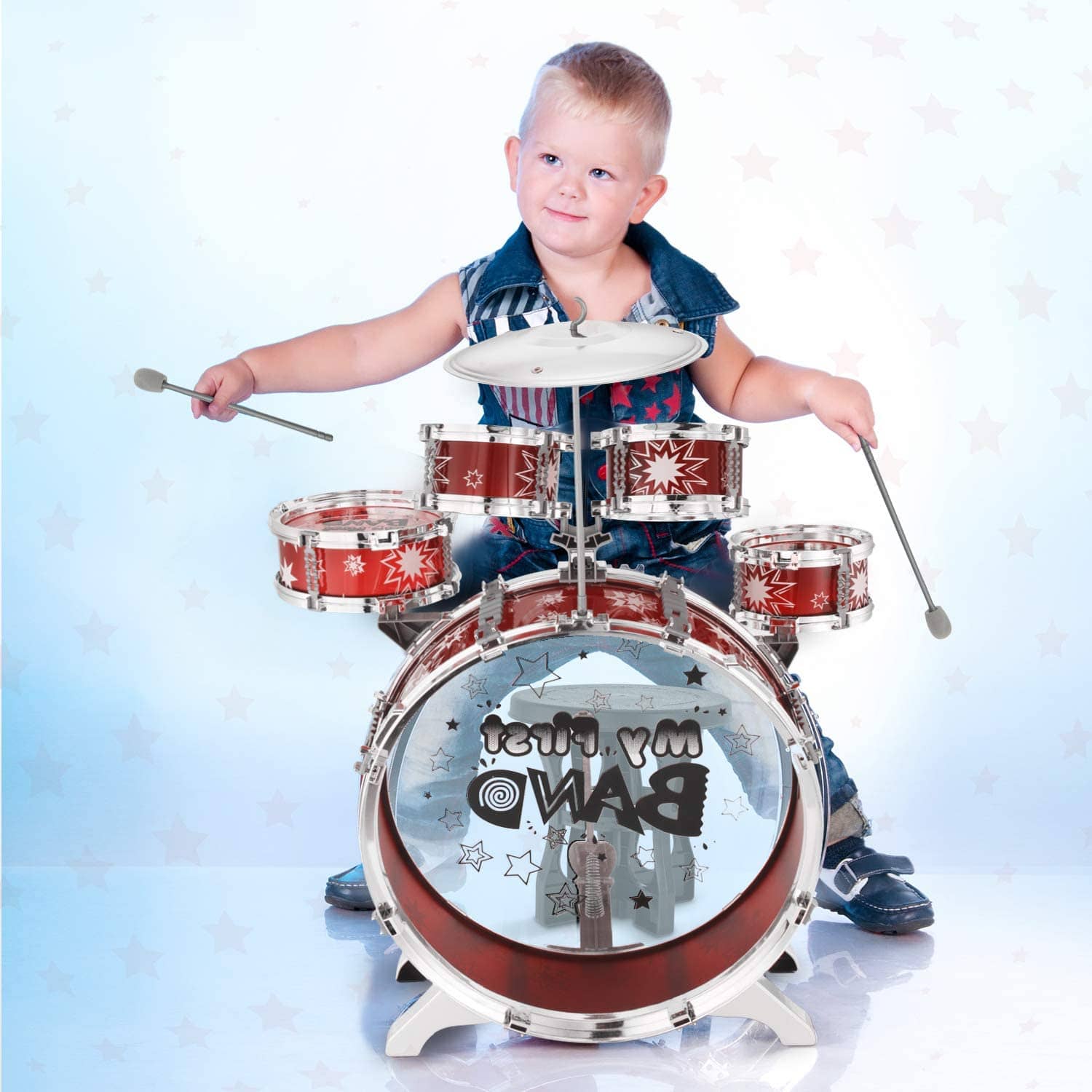 Reditmo Kids Jazz Drum Set, 6 Drums, 2 Cymbals, Chair, Kick Pedal, 2 Drumsticks, Stool, Early Education Musical Instrument to Develop Children’s Creativity, Red 14