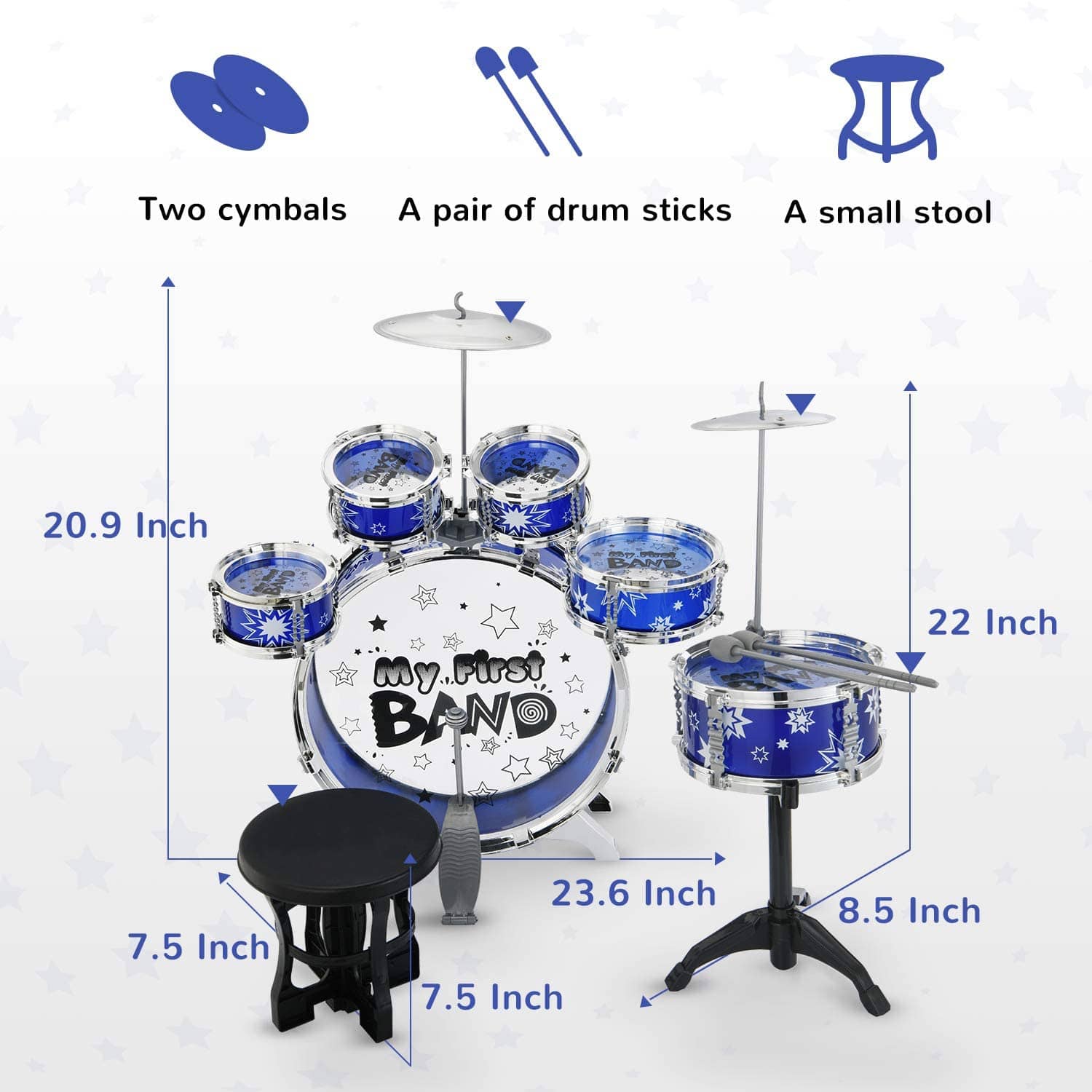 Reditmo Kids Jazz Drum Set, 6 Drums, 2 Cymbals, Chair, Kick Pedal, 2 Drumsticks, Stool, Early Education Musical Instrument to Develop Children’s Creativity, Red 17