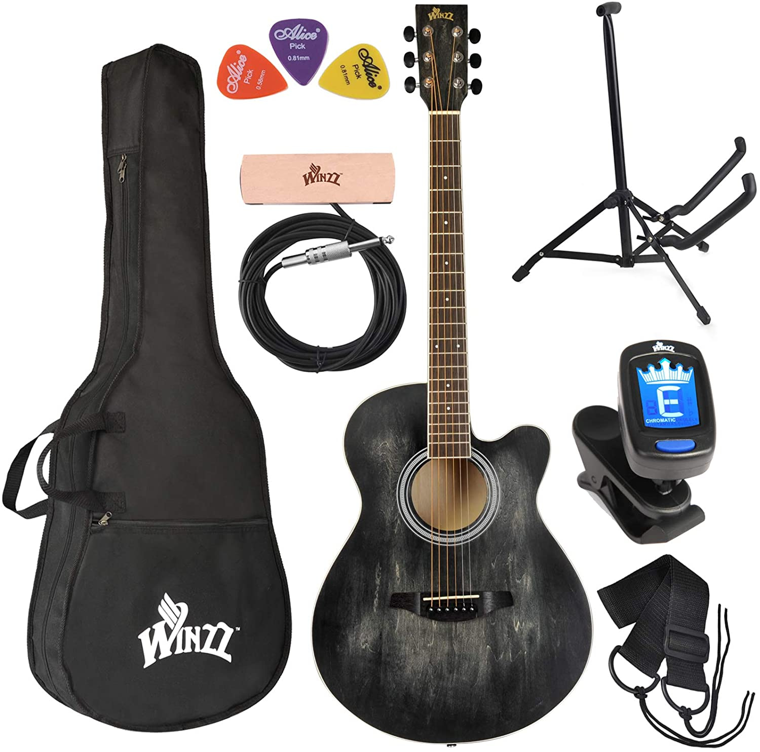 WINZZ 3/4 Dreadnought Acoustic Guitar Bundle with Online Lessons, Bag, Metronome Tuner, Wall-mounted Hanger, Strap, Picks & Cleaning Cloth,36 Inches Right Handed, Dark Hunter Green 17