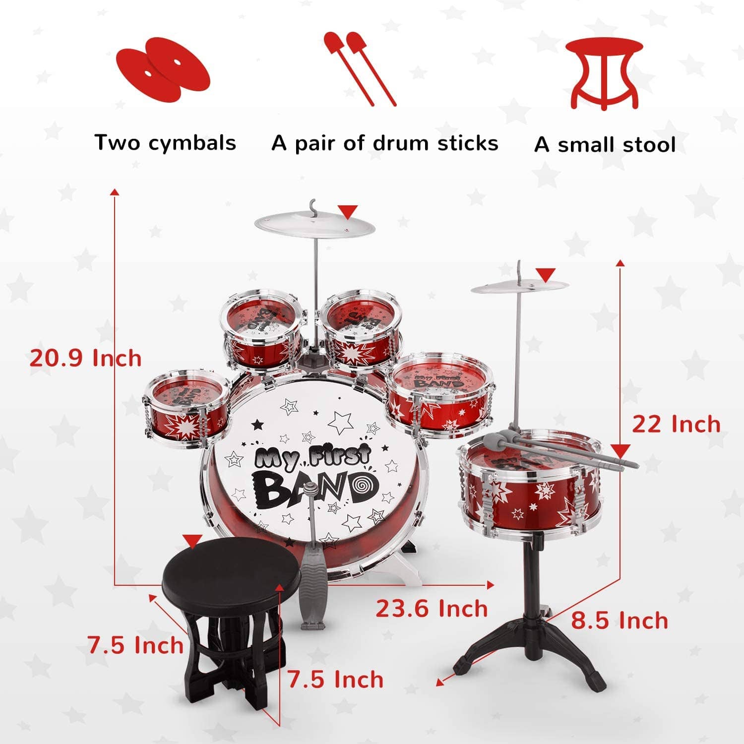 Reditmo Kids Jazz Drum Set, 6 Drums, 2 Cymbals, Chair, Kick Pedal, 2 Drumsticks, Stool, Early Education Musical Instrument to Develop Children’s Creativity, Red 12