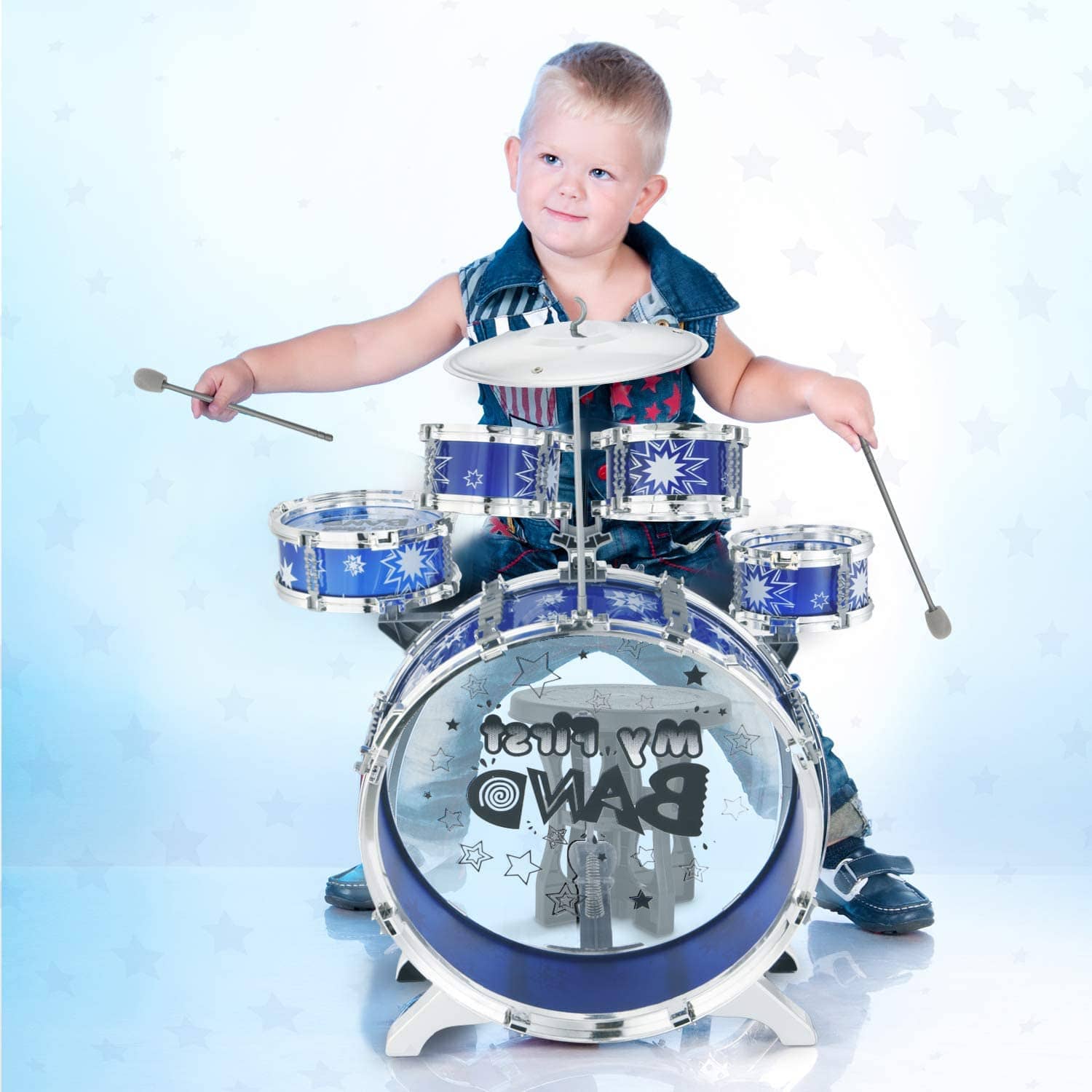 Reditmo Kids Jazz Drum Set, 6 Drums, 2 Cymbals, Chair, Kick Pedal, 2 Drumsticks, Stool, Early Education Musical Instrument to Develop Children’s Creativity, Red 19