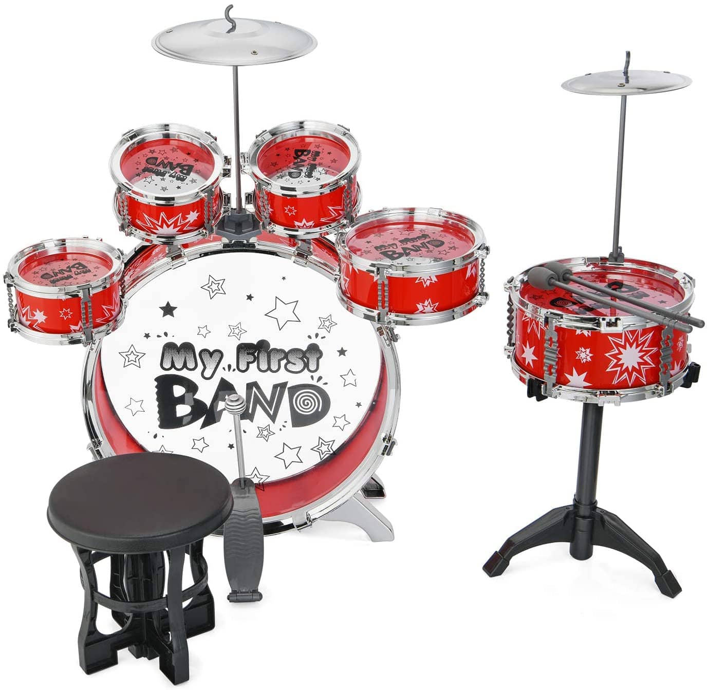 Reditmo Kids Jazz Drum Set, 6 Drums, 2 Cymbals, Chair, Kick Pedal, 2 Drumsticks, Stool, Early Education Musical Instrument to Develop Children’s Creativity, Red 9