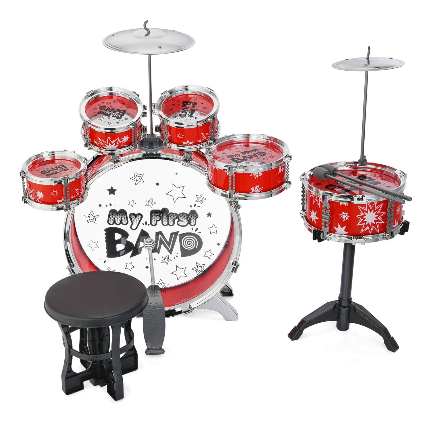Reditmo Kids Jazz Drum Set, 6 Drums, 2 Cymbals, Chair, Kick Pedal, 2 Drumsticks, Stool, Early Education Musical Instrument to Develop Children’s Creativity, Red 8
