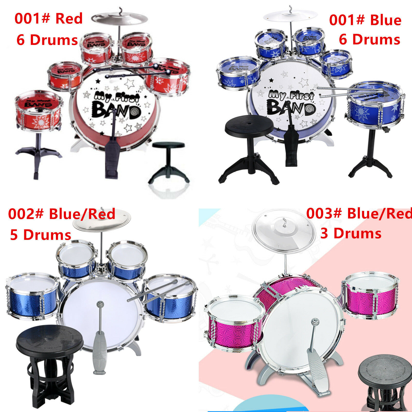 Children Kids Jazz Drum Set Kit Musical Educational Instrument Toy 3/5/6 Drums + 1 Cymbal with Small Stool Drum Sticks for Kids|Drum 1