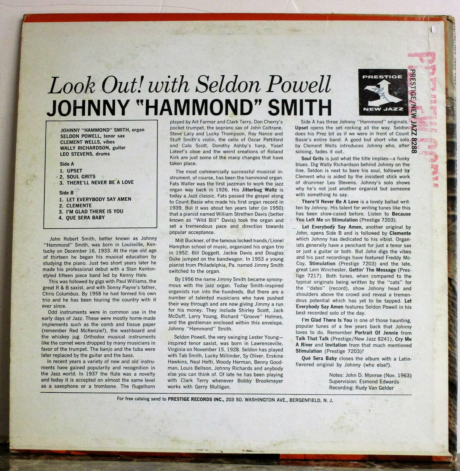Johnny Hammond Smith Seldon Powell Look Out New Jazz Orig. Mono Promo RVG VG++ 3
