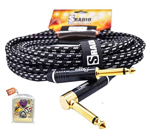 SRADIO Guitar Instrument Cable 10 Foot, AMP Cord Right Angle 1/4-Inch TS to Straight 1/4-Inch TS Guitar Cable 10FT with Gray Tweed Cloth for Electric Guitar，Bass，Keyboard – Gray Black Angle 1