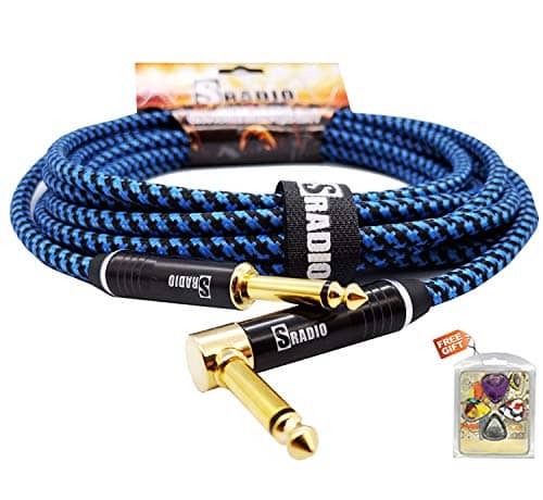 SRADIO Guitar Instrument Cable 10 Foot, AMP Cord Right Angle 1/4-Inch TS to Straight 1/4-Inch TS Guitar Cable 10FT with Gray Tweed Cloth for Electric Guitar，Bass，Keyboard – Blue Black Angle 19