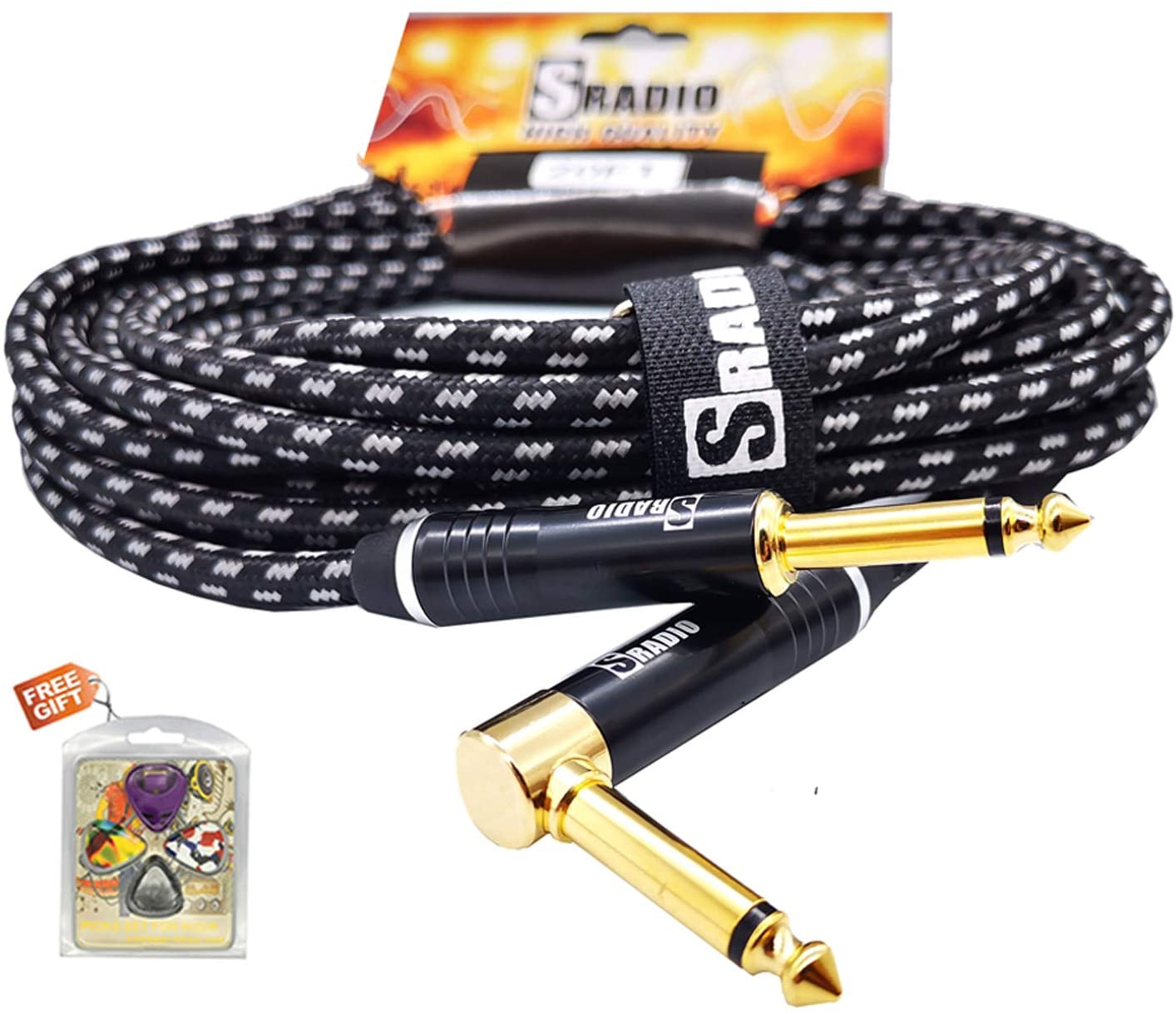 SRADIO Guitar Instrument Cable 10 Foot, AMP Cord Right Angle 1/4-Inch TS to Straight 1/4-Inch TS Guitar Cable 10FT with Gray Tweed Cloth for Electric Guitar，Bass，Keyboard 16