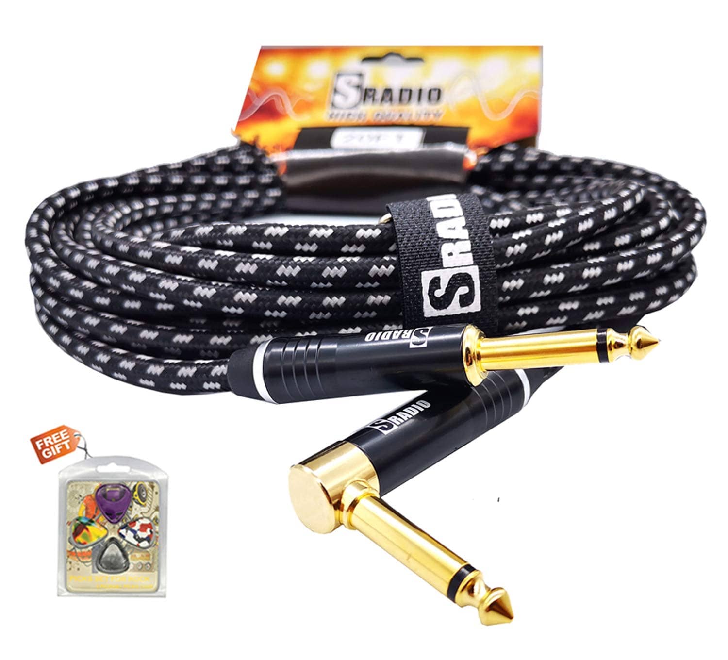 SRADIO Guitar Instrument Cable 10 Foot, AMP Cord Right Angle 1/4-Inch TS to Straight 1/4-Inch TS Guitar Cable 10FT with Gray Tweed Cloth for Electric Guitar，Bass，Keyboard 7
